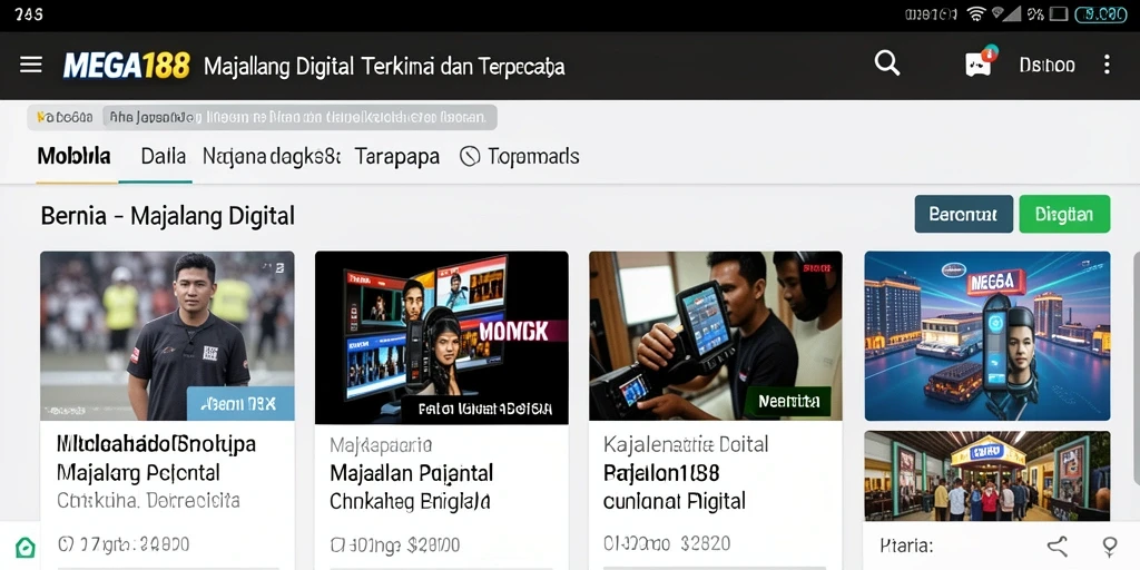 Antarmuka pengguna MEGA188 dengan tampilan majalah digital yang menarik.