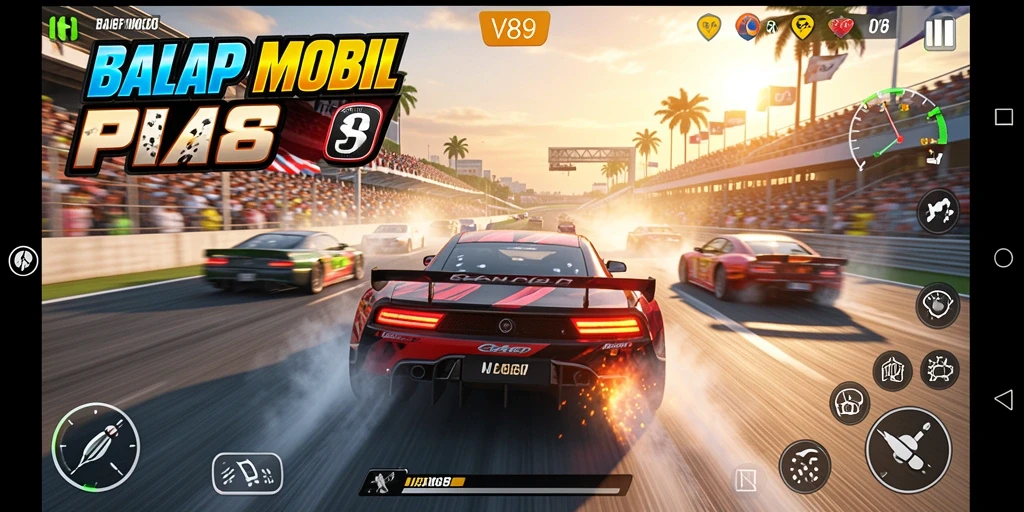 Screenshot V89 menampilkan lintasan balap yang menegangkan dan mobil berkinerja tinggi.
